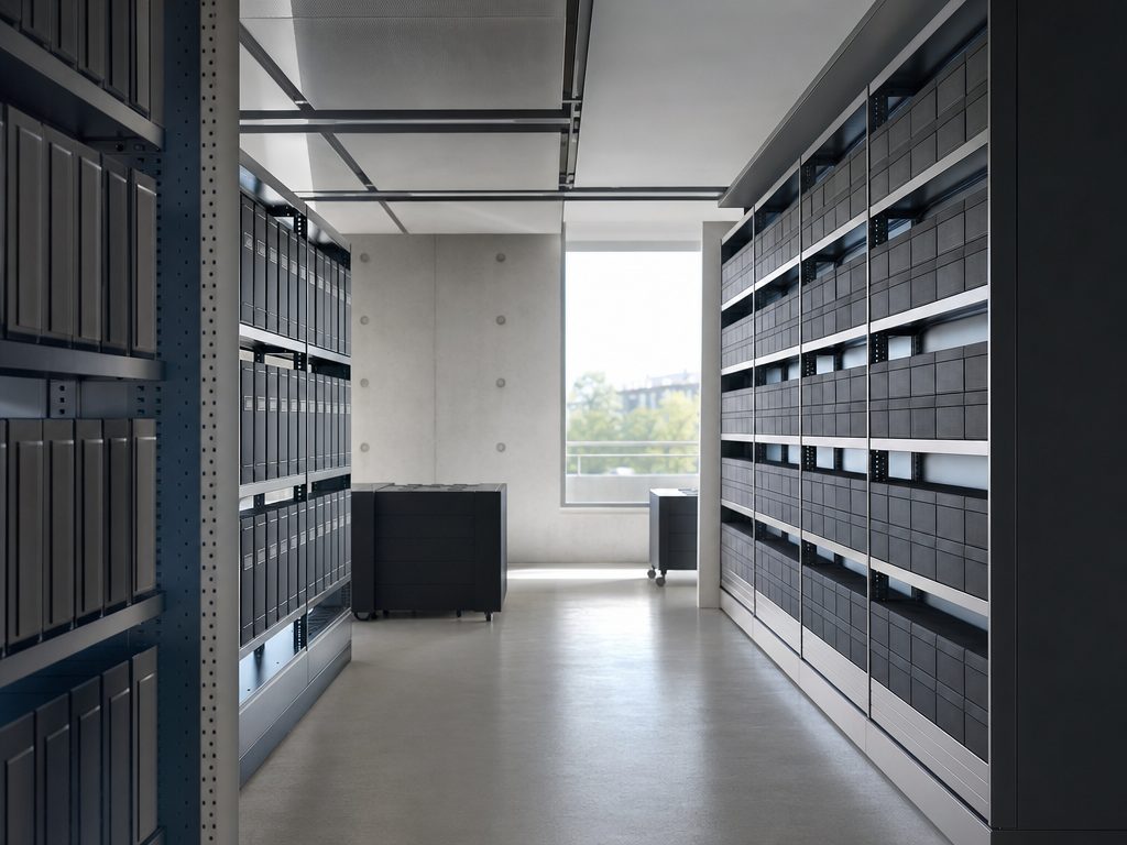 Leerer Archivraum mit sauberen, unbeschrifteten Ablagen.