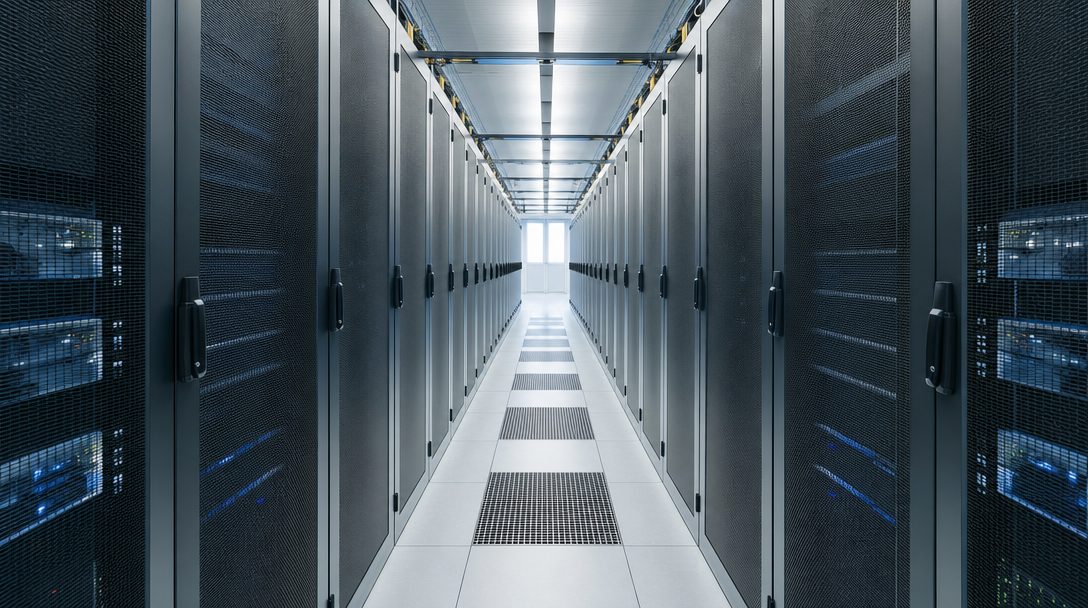 Symmetrische Gasse in einem modernen Rechenzentrum mit geschlossenen Serverschränken.