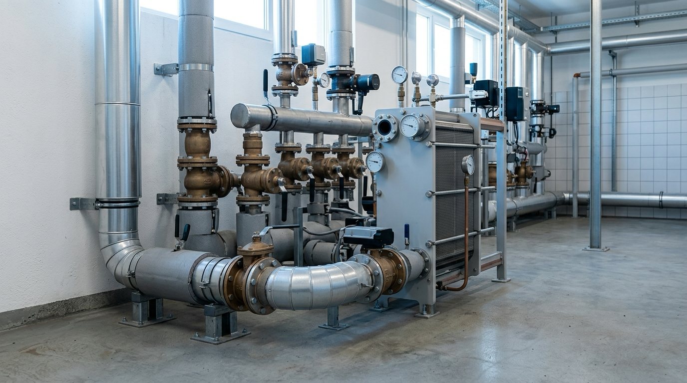 Wärmeübergabestation und isolierte Rohrverteiler in einem industriellen Technikraum.