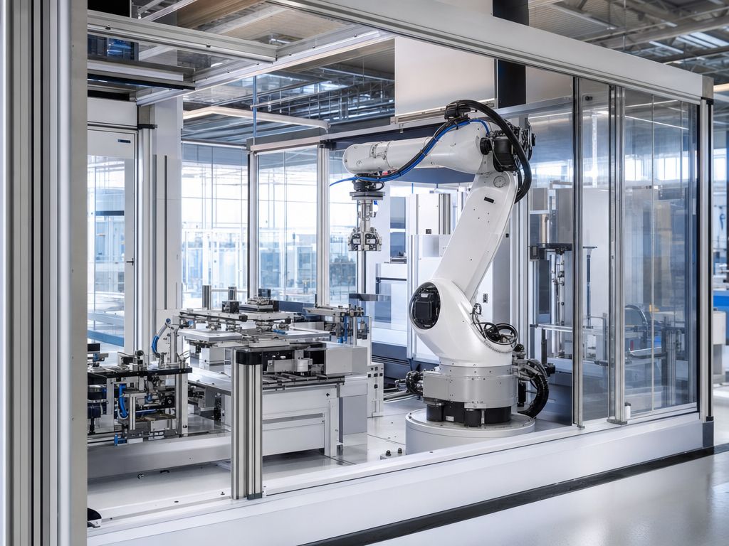 Ruhende Fertigungszelle mit Roboterarm in einer Schutzeinhausung.