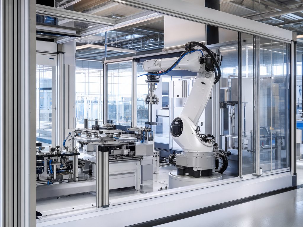 Unbenutzte Fertigungszelle mit Roboterarm in einer Industriehalle.